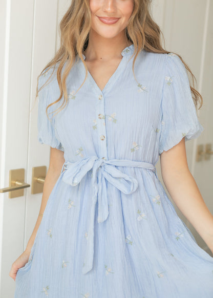 Blue Floral Embroidered V-Neck Midi Dress