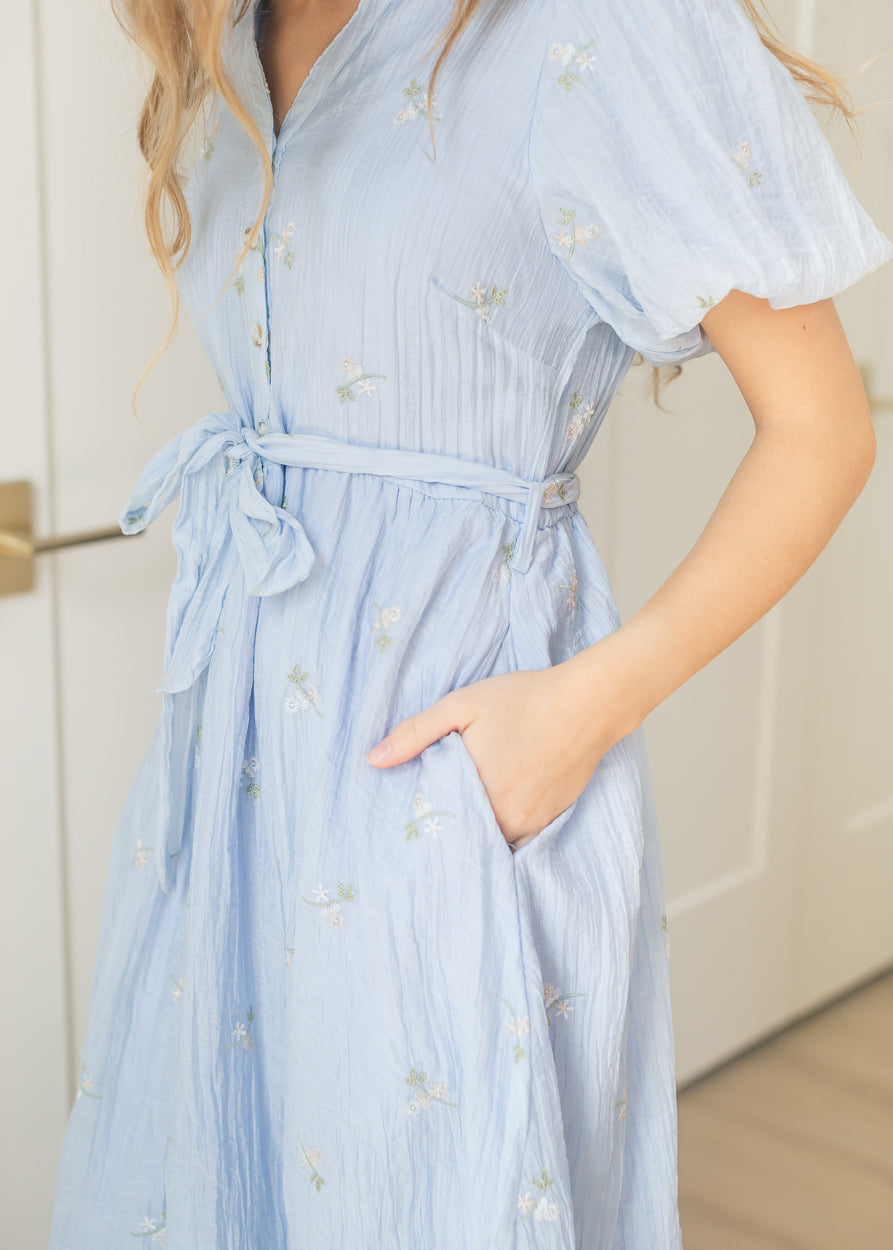 Blue Floral Embroidered V-Neck Midi Dress