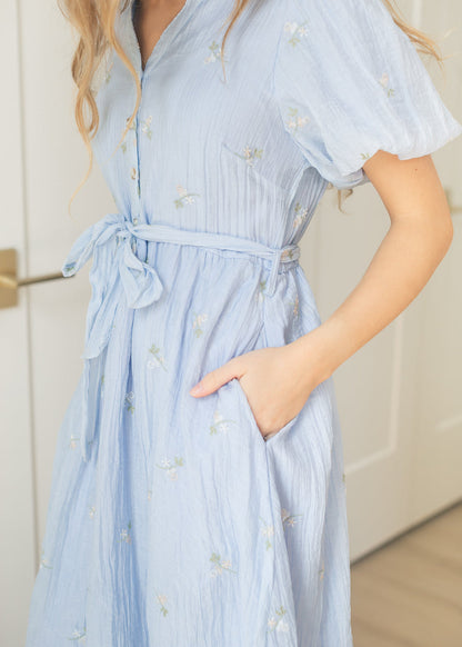 Blue Floral Embroidered V-Neck Midi Dress