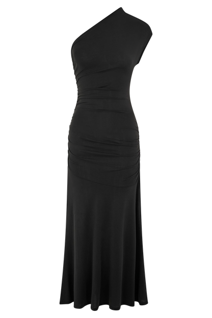 Chloe Peached Jersey One Shoulder Midi Dress - Black