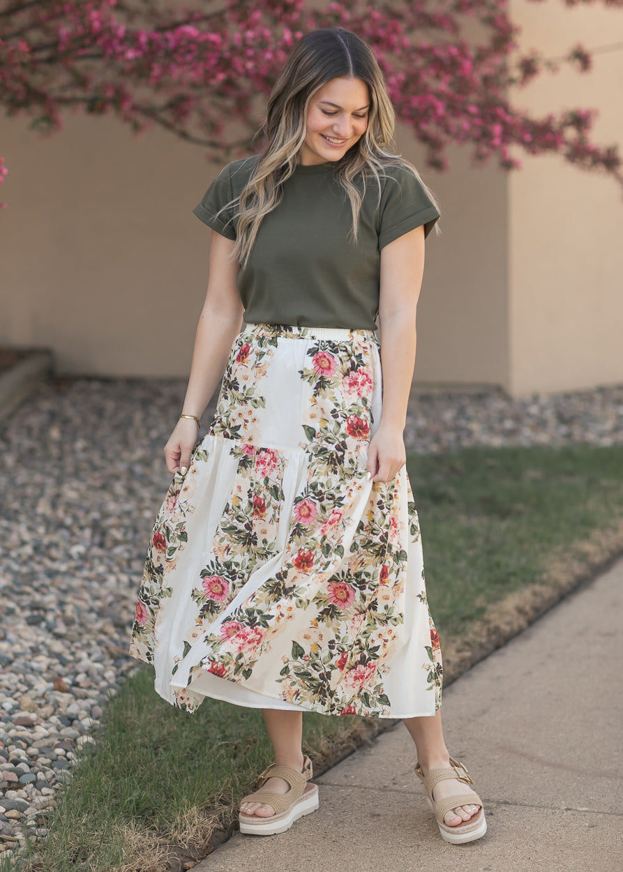 Tiered Floral Midi Skirt