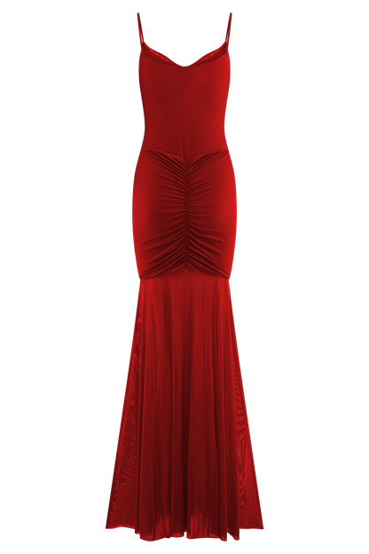 Delaney Slinky And Mesh Maxi Dress - Red