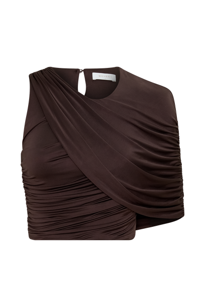 Adrienne One Shoulder Slinky Top - Chocolate