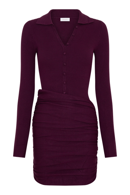Agness Long Sleeve Button Up Knit Dress - Plum
