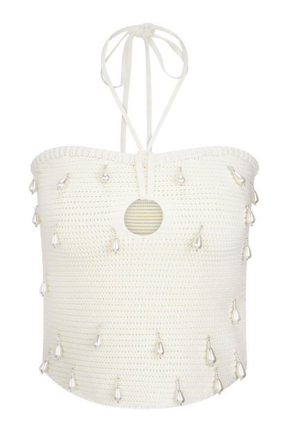 Aletta Knit Pearl Halter Top - Ivory