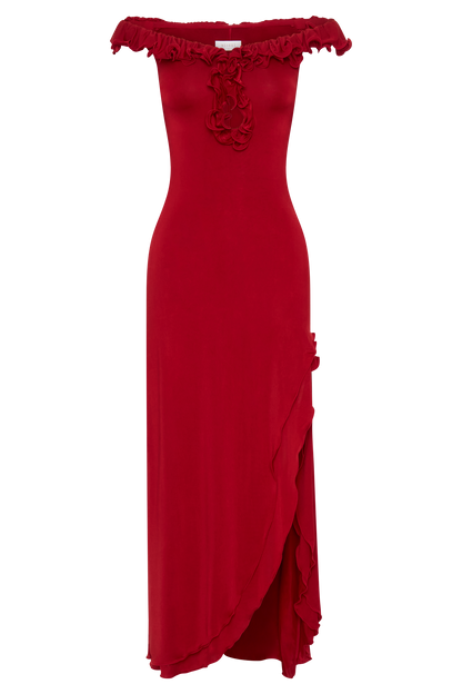 Allegra Off Shoulder Ruffle Midi Dress - Ruby