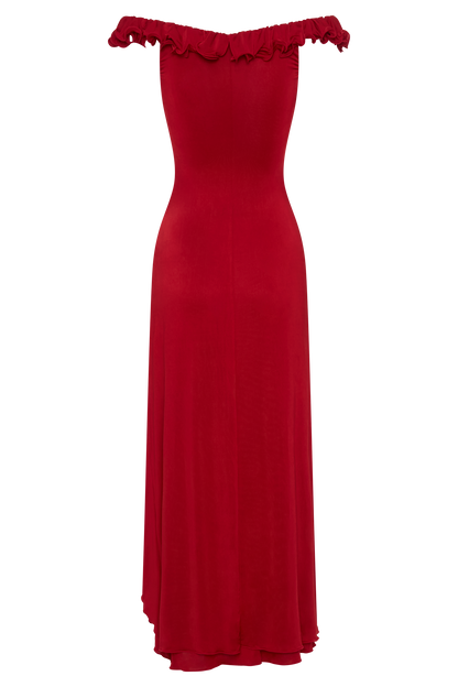 Allegra Off Shoulder Ruffle Midi Dress - Ruby