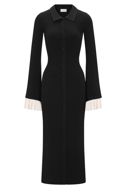 Amirose Ruffle Knit Midi Dress - Black
