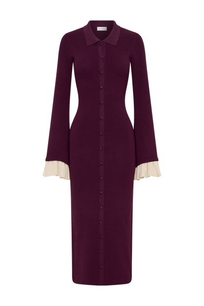 Amirose Ruffle Knit Midi Dress - Plum