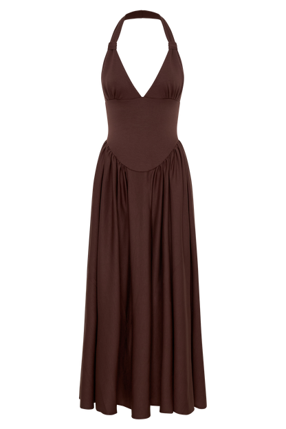 Angelina Scuba Halter Midi Dress - Chocolate