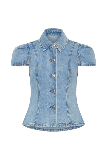 Bently Short Sleeve Denim Top - Washed Light Blue