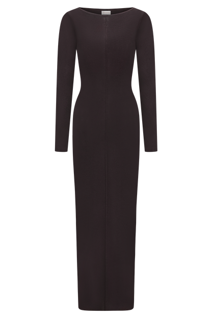 Cleona Merino Wool Ribbed Long Sleeve Maxi Dress - Deep Chocolate