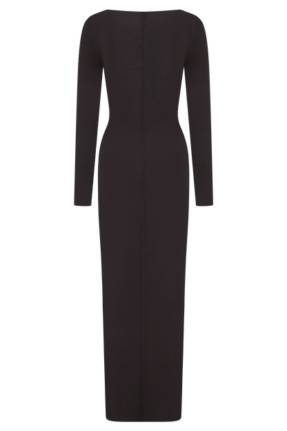 Cleona Merino Wool Ribbed Long Sleeve Maxi Dress - Deep Chocolate