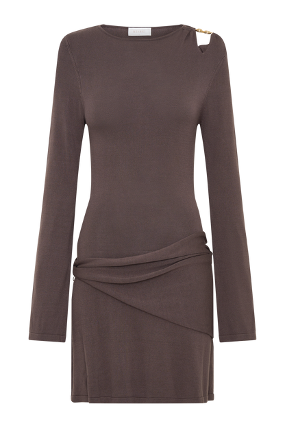 Cresida Knit Long Sleeve Mini Dress With Hardware - Peppercorn