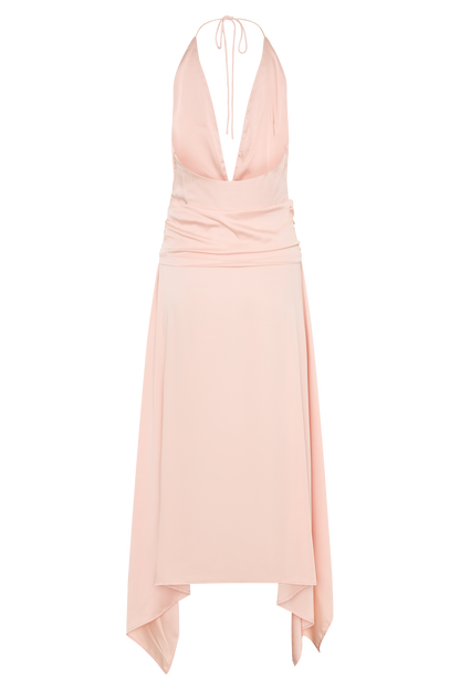 Cyra Plunge Satin Midi Dress - Peach