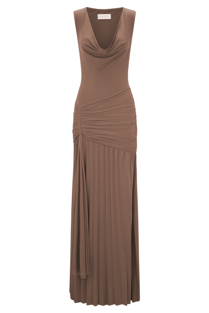 Dania Cowl Neck Slinky Maxi Dress - Mocha Mousse