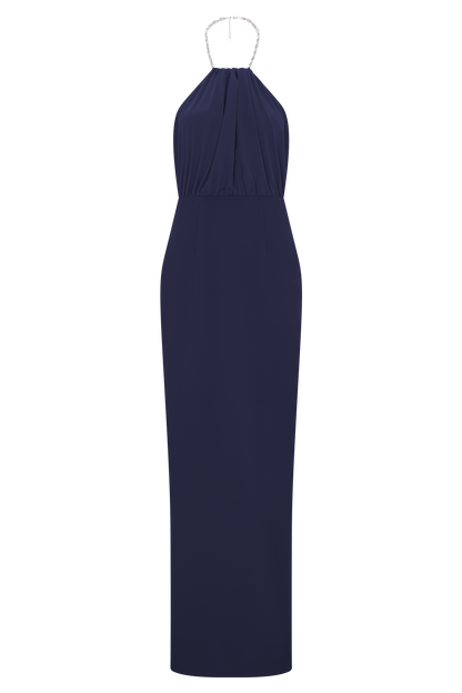 Elina Satin Necklace Maxi Dress - Navy
