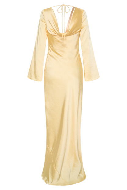 Eliza Long Sleeve Cowl Lace And Satin Maxi Dress - Lemon