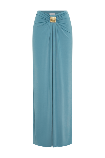 Erina Slinky Ruched Maxi Skirt With Hardware - Teal
