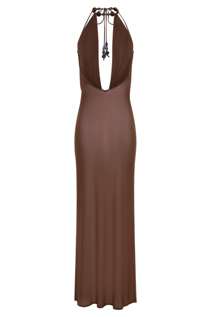 Ethal Mesh Cowl Neck Beaded Maxi Dress - Chocolate