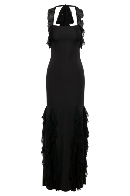 Etta Ruffle Slinky Maxi Dress - Black