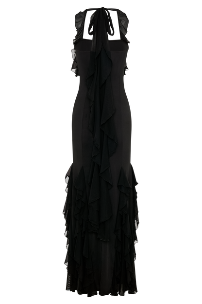 Etta Ruffle Slinky Maxi Dress - Black