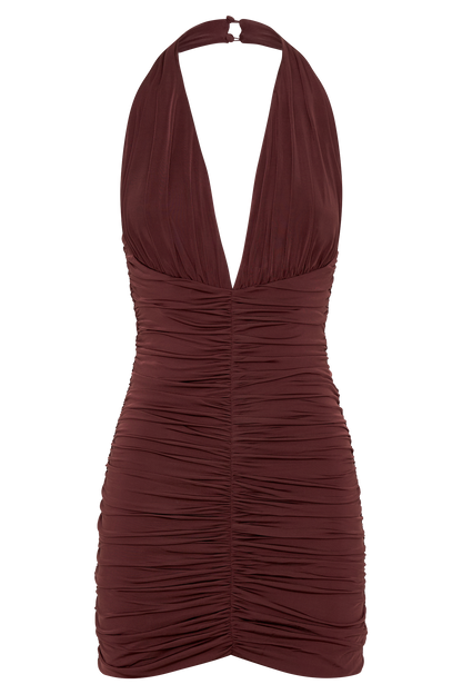 Fleur Ruched Slinky Mini Dress - Mahogany