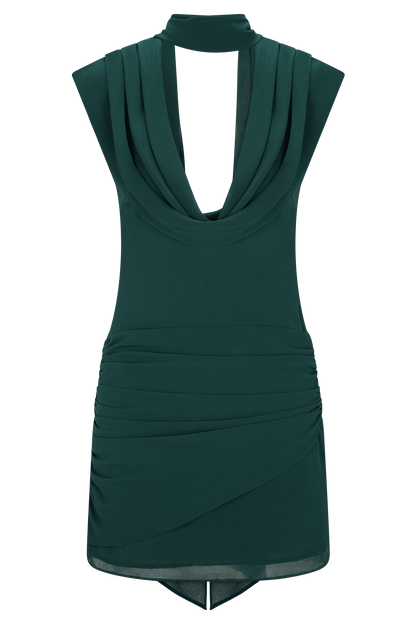 Giulia Chiffon Draped Mini Dress - Dark Emerald