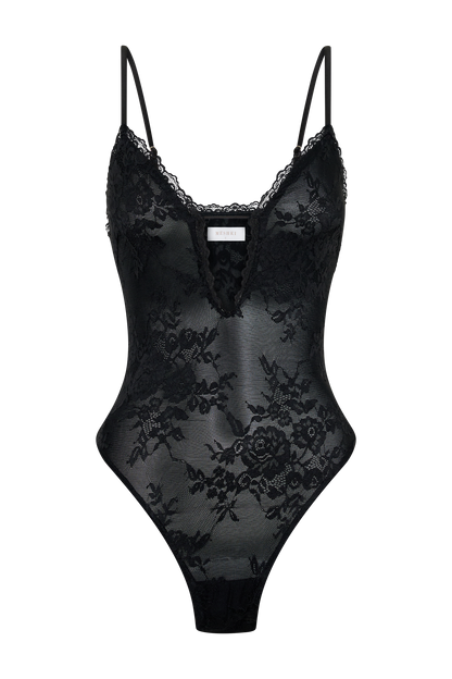 Jasper Sheer Plunge Lace Bodysuit - Black