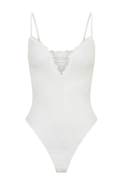 Jasper Sheer Plunge Lace Bodysuit - Ivory