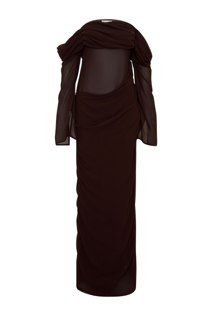 Kirsten Off Shoulder Chiffon Maxi Dress - Cacao Brown