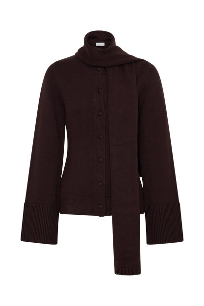 Lara Knit Cardigan With Scarf - Chocolate