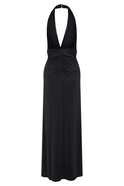 Lien Mesh Velvet Plunge Midi Dress - Black