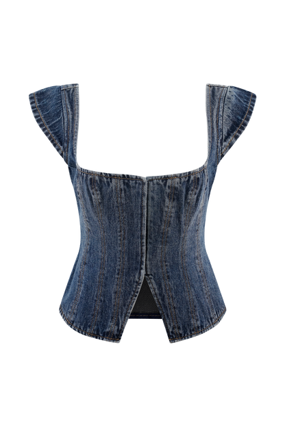 Loretta Cap Sleeve Denim Top - Washed Dark Blue