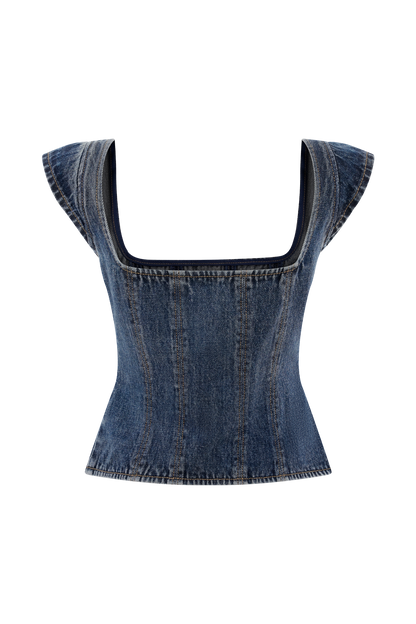 Loretta Cap Sleeve Denim Top - Washed Dark Blue