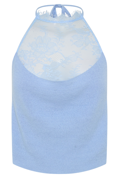 Lucy Lace And Knit Halter Top - Cornflower Blue