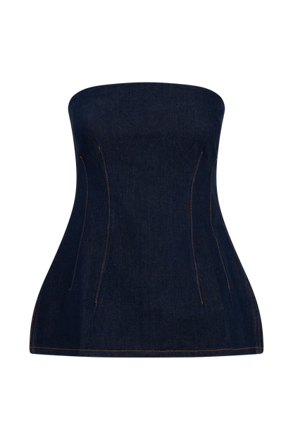 Madelyn Strapless Longline Denim Top - Indigo Blue