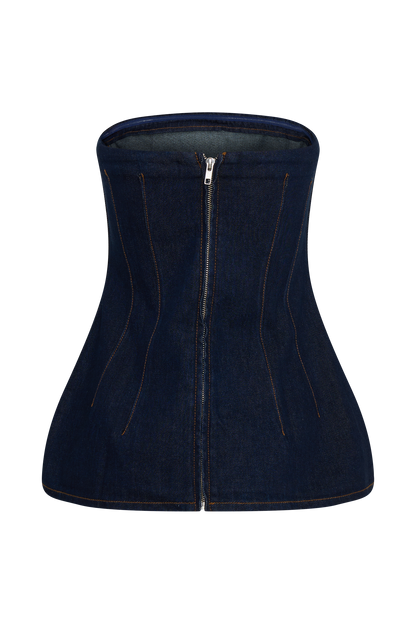 Madelyn Strapless Longline Denim Top - Indigo Blue