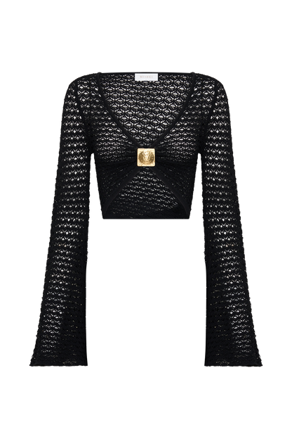 Mania Crochet Long Sleeve Cropped Top - Black