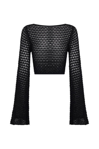 Mania Crochet Long Sleeve Cropped Top - Black