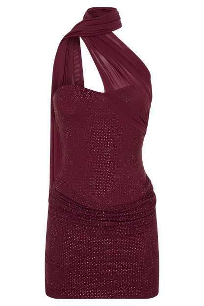 Mattea Diamante Mini Dress With Scarf - Plum