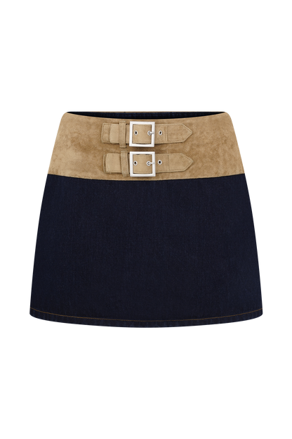 Miranda Faux Suede Belted Denim Mini Skirt - Indigo Blue