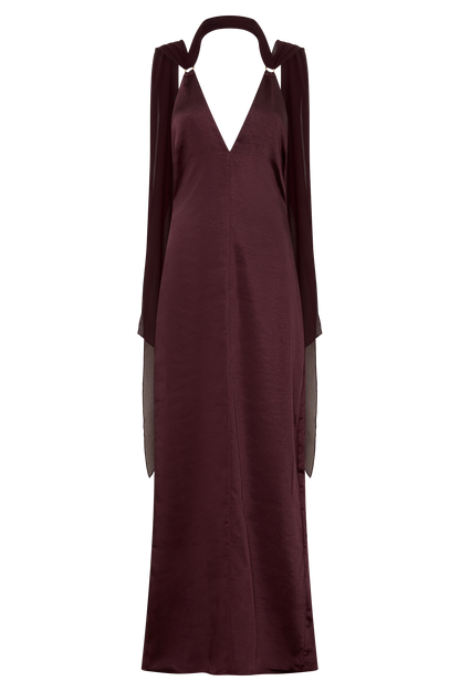 Myla Draped Shoulders Satin Maxi Dress - Chocolate