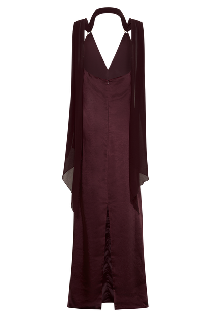 Myla Draped Shoulders Satin Maxi Dress - Chocolate