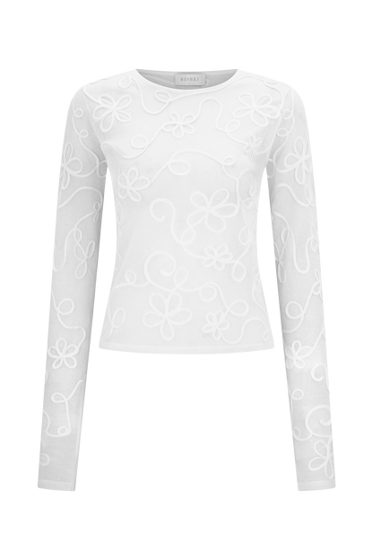 Omari Embroidery Long Sleeve Knit Top - Ivory