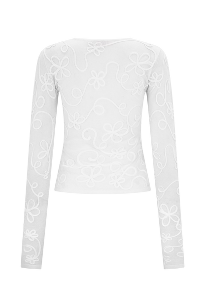 Omari Embroidery Long Sleeve Knit Top - Ivory