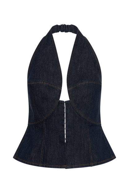 Rema Halter Longline Denim Top - Washed Indigo Blue