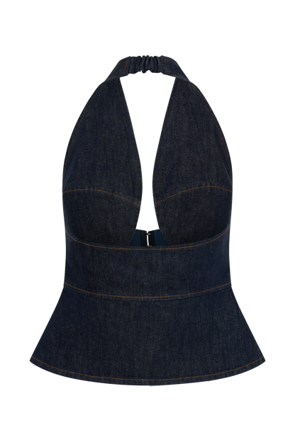 Rema Halter Longline Denim Top - Washed Indigo Blue