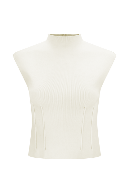 Romaine High Neck Bandage Knit Top - Ivory
