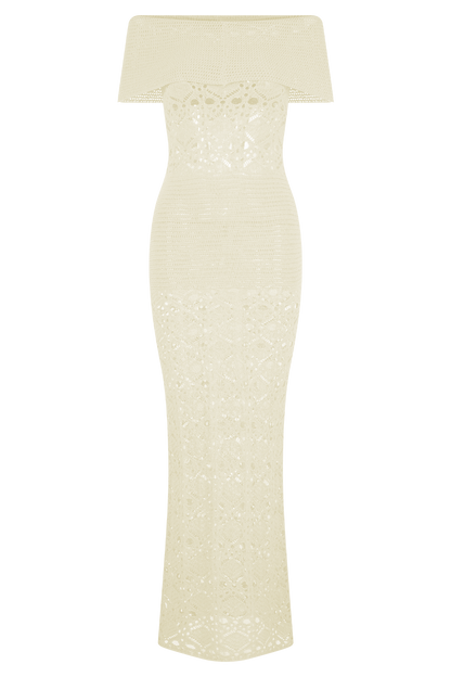 Solstice Off Shoulder Crochet Knit Maxi Dress - Ivory